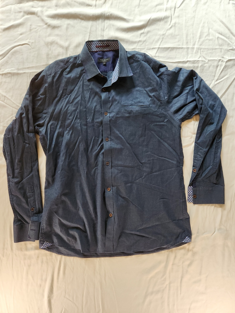 Ted Baker London Men’s Cotton Blue Check Long Sleeve Spread Collar Shirt Size 4